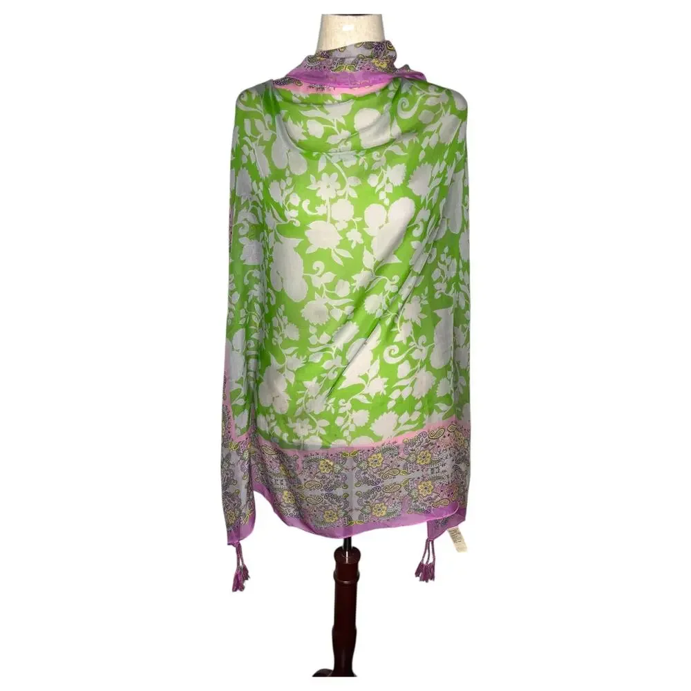 Johnny Was Silk Scarf Tassels Green Purple Floral Print Square 42x42 Bohemian